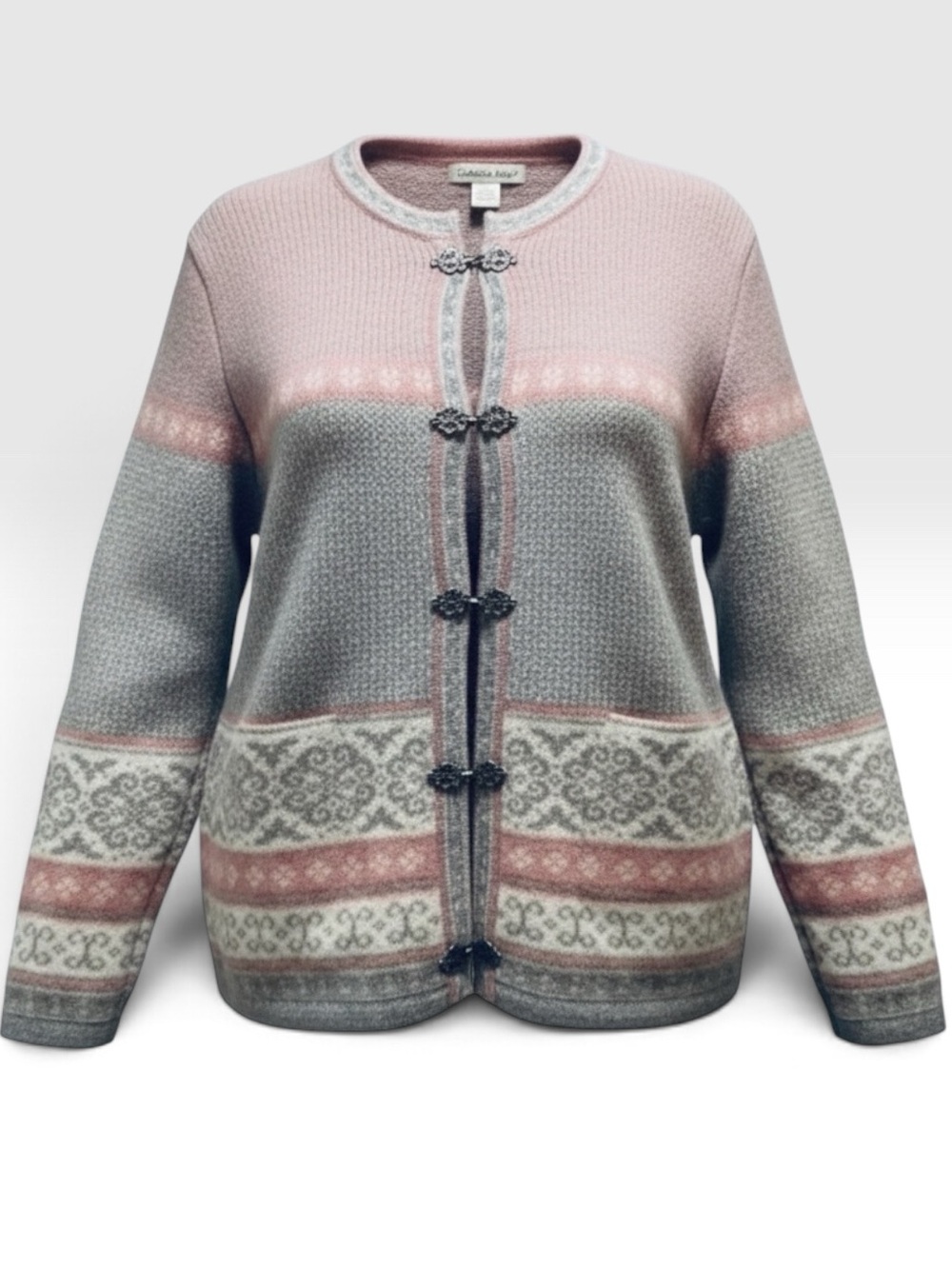 Vintage Carroll Reed Nordic Wool Cardigan Fair Isle Pink/Gray Metal Clasp Size L